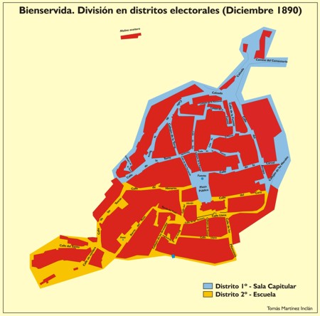 Divisi�n de Bienservida en dos distritos electorales (28/12/1890) , a partir del plano de 1888.