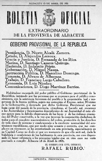 Gobierno Provisional de la Rep�blica y bando solicitando mantenimiento del orden p�blico