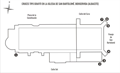 Cruces tipo grafiti en los muros de la iglesia de Bienservida