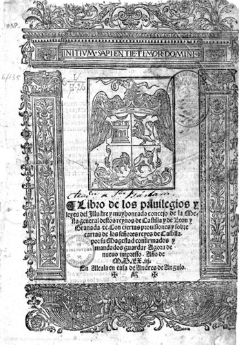 Portada del Libro de los priuilegios y leyes del Illustre y muy honrado concejo de la Mesta