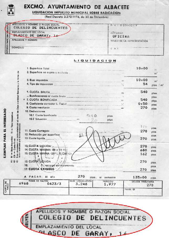 Carta de pago del colegio de delincuentes